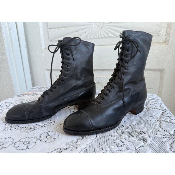 Antique 1910s Edwardian Womens Black Leather High Lace Up Boots sz-4-5 - Picture 15 of 16